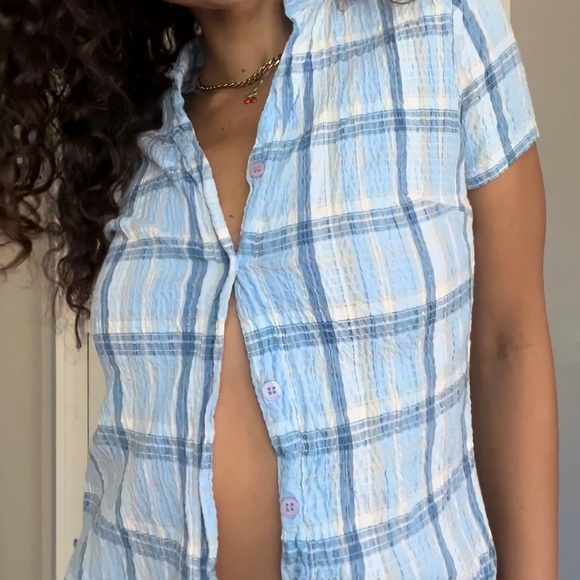 90's Vintage Jane Ashley Baby Blue Scrunch Cotton Plaid Button Down Blouse - Picture 3 of 4